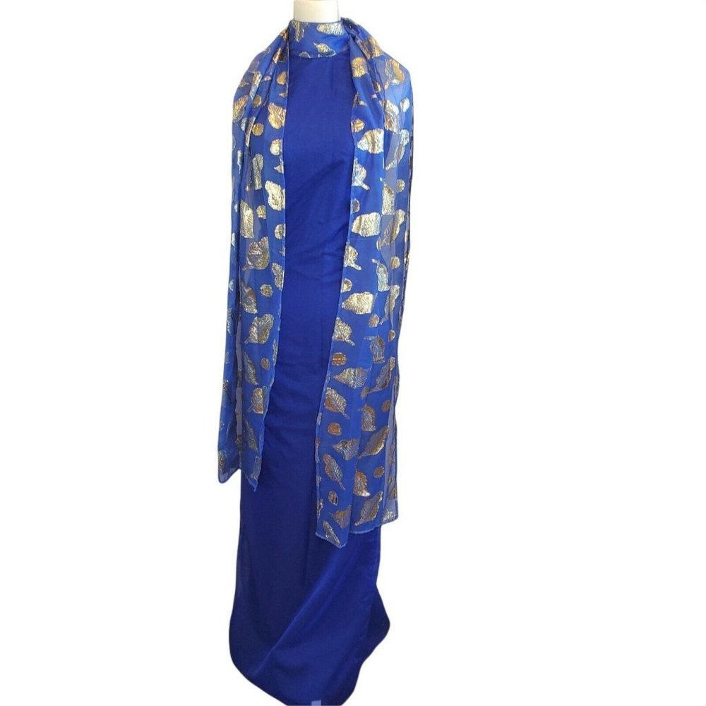 Cheongsam Dress Metallic Blue Leaf Gold Gown‎ XS
